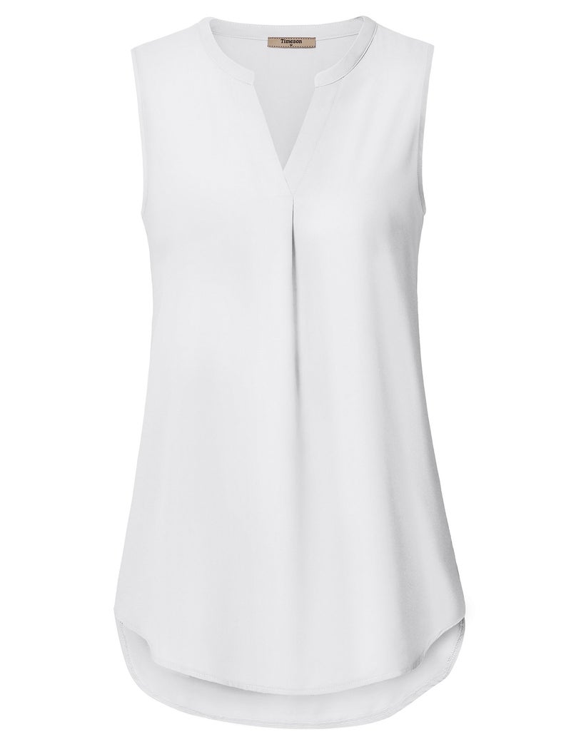Timeson Blouses for Women Business Casual,Women's Sleeveless Chiffon Blouse Summer Tanks Tops White Dress Flowy Shirts Juniors Fashion V Neck Interview Office Cami Formal Work for Leggings Ladies Long - Image 2